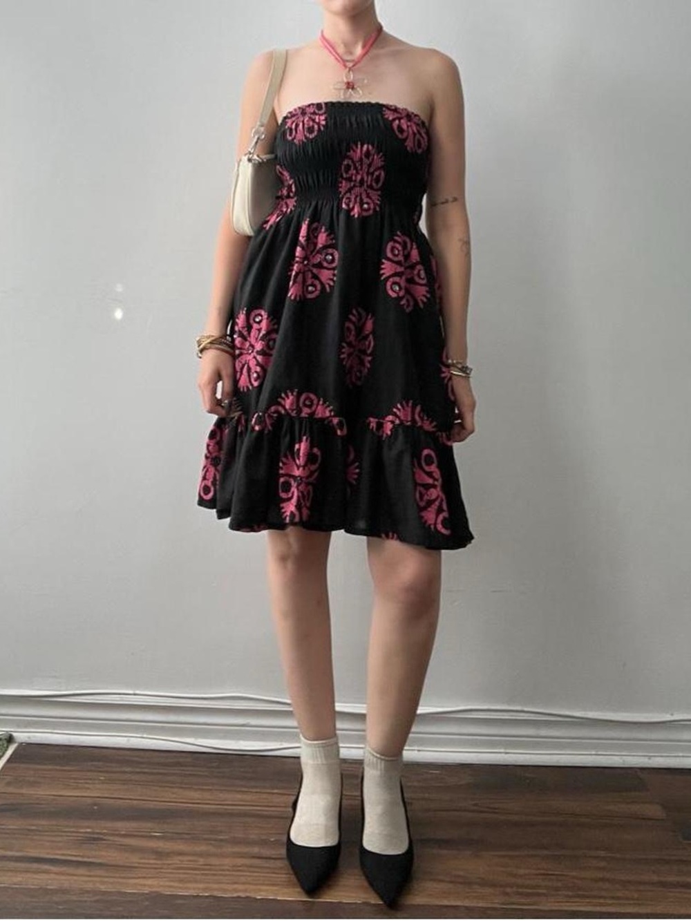 Size Small Y2k Strapless Smocked Pink & Black Midi Dress